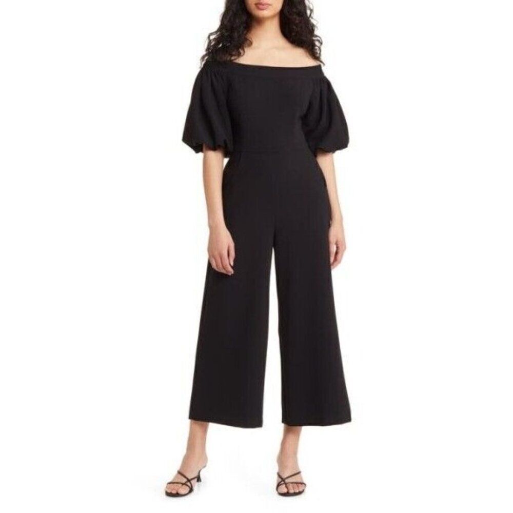 Chalse28 Plus Size Off the Shoulder Puff Sleeve Cross Jumpsuit, Black, XL